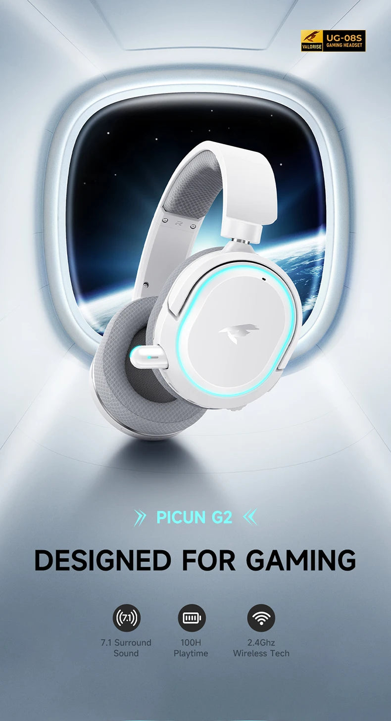 Auscultadores Gaming Sem Fios Picun G2 Bluetooth 5.3 – Som Surround 7.1, Baixa Latência de 5ms e Microfone ENC para PC, PS5, PS4, Switch e Mobile