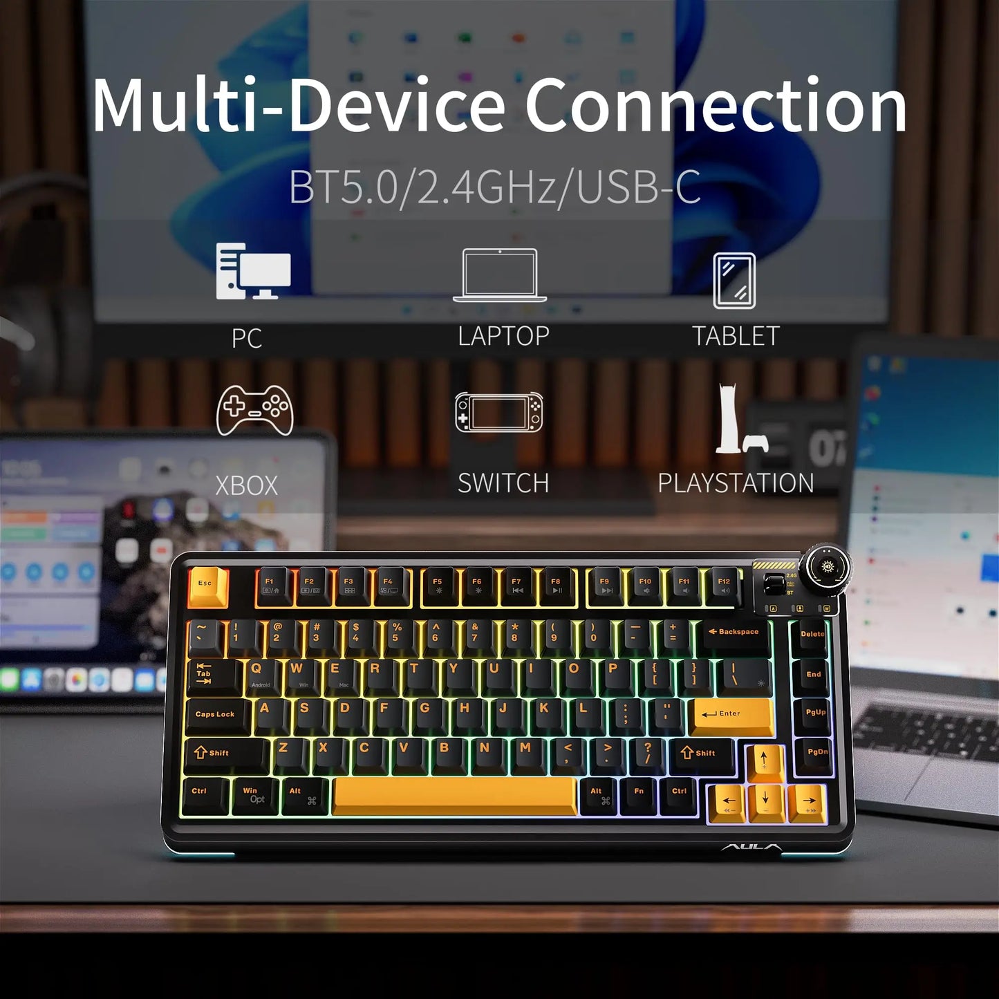 AULA AU75 Wireless Mechanical Keyboard 81 Keys Compact Hot Swappable Custom Keyboard 2.4G/USB/BT5.0 RGB Backlit Gaming Keyboard