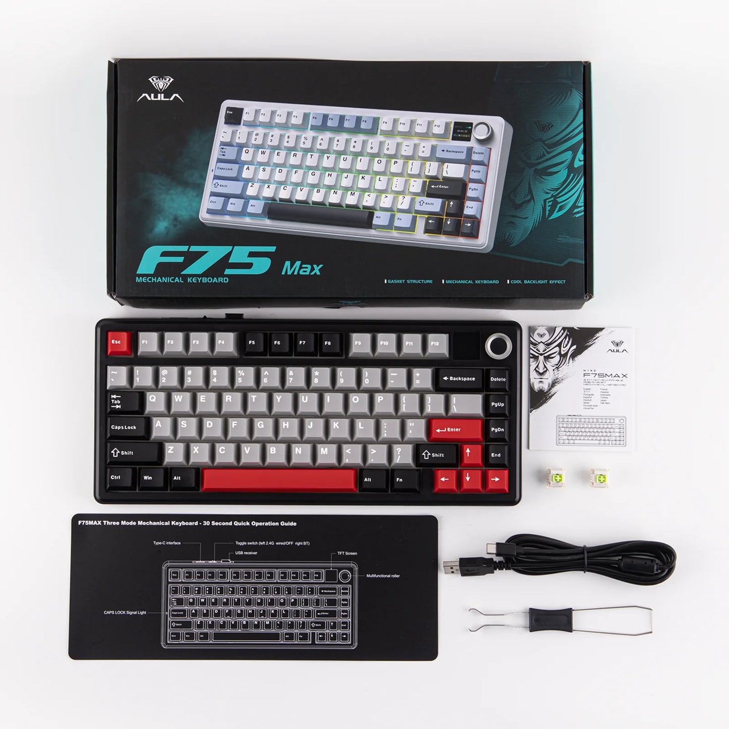 Teclado mecânico sem fios EPOMAKER X AULA F75 MAX Compact 75% ANSI Layout com ligação com fios/Bluetooth/2.4GHz, ecrã TFT e botão rotativo