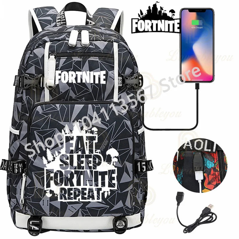 Yule Trooper F-Fortnited Battle Royale Backpack with USB Charging Anime Figures Study Stationery Compartment Students Mochila
