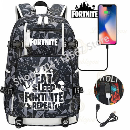 Yule Trooper F-Fortnited Battle Royale Backpack with USB Charging Anime Figures Study Stationery Compartment Students Mochila