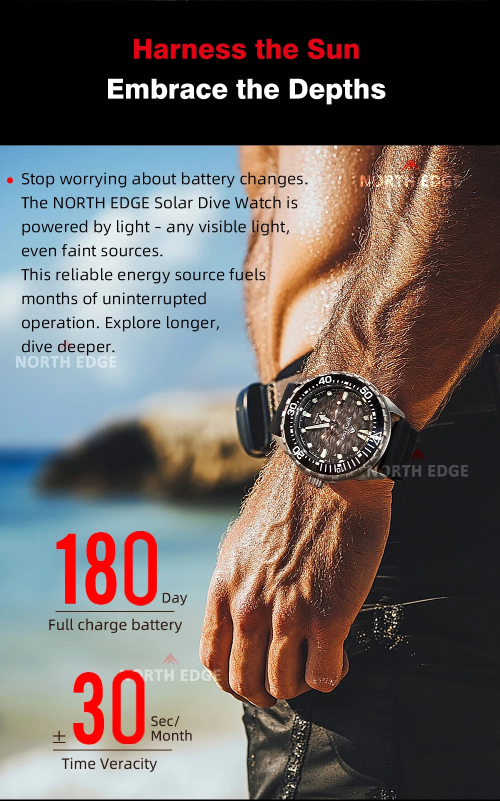 NORTH EDGE 2025 NEW+ TRITON-TI Titanium Solar-Powered Diving Watch Luxury Quartz Watches for Men 300M Waterproof 180+ Day Power