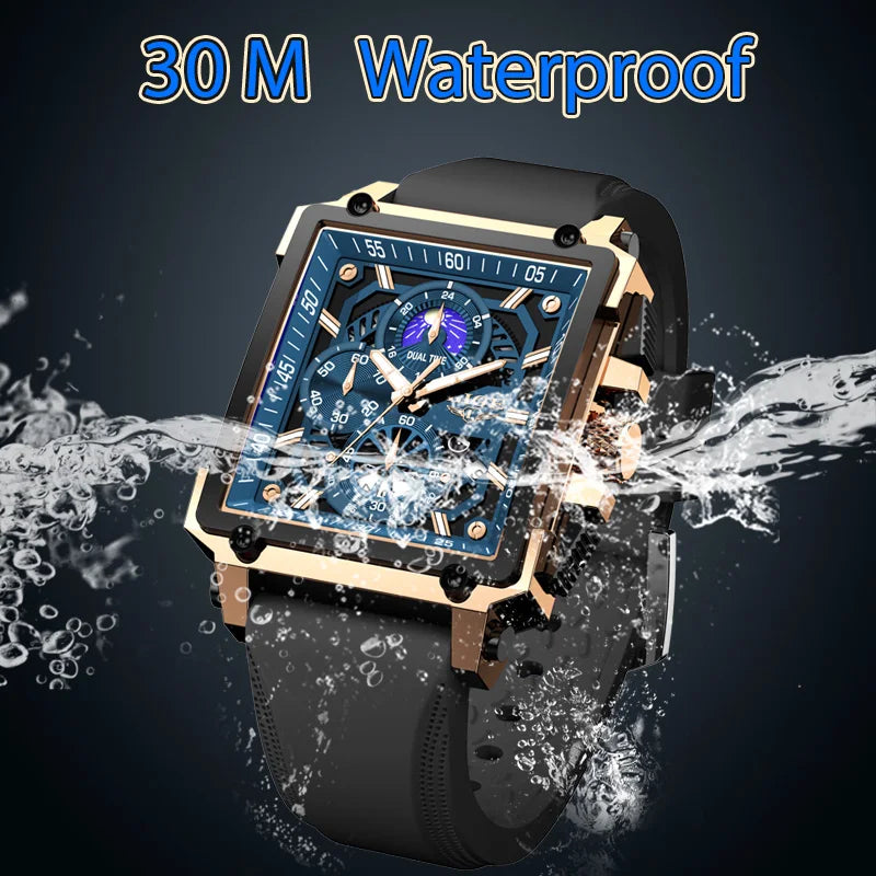 New LIGE Mens Watches Top Brand Luxury Hollow Square Sport Watch For Men Fashion Silicone Strap Waterproof Quartz WristWatch+Box