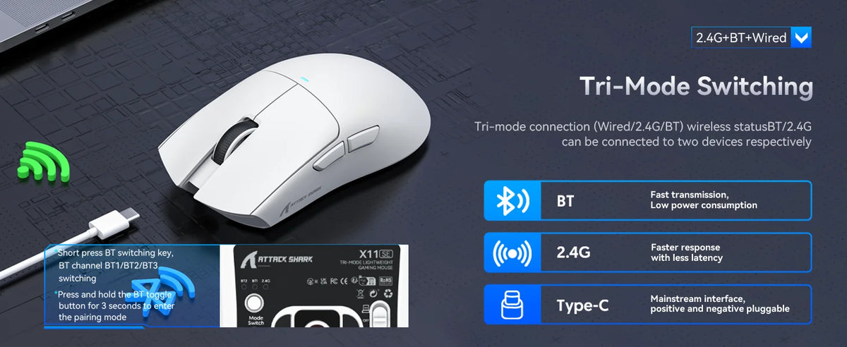 ATTACK SHARK X11SE Wireless Gaming Mouse, Tri-Mode Superlight Mouse with PAW3311 Sensor, 22000 DPI, 63g Ultra-Light RGB Gaming Mouse for PC, Laptop & Esports