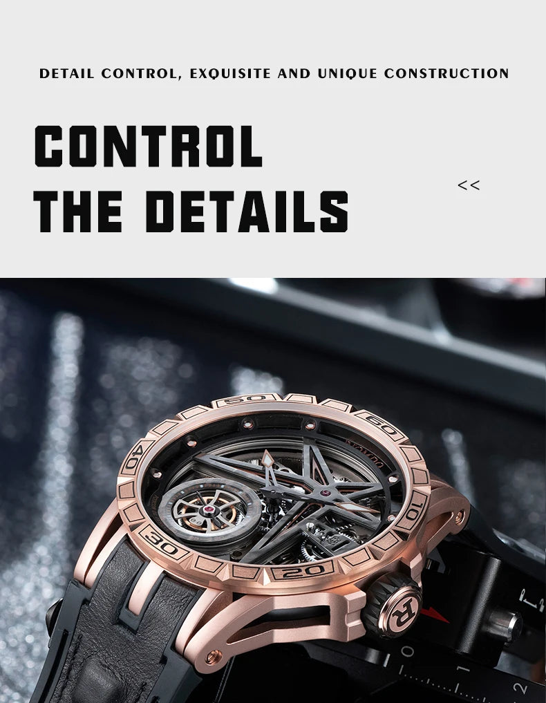 OBLVLO Men's Two Tone Big Skeleton Dial Mechanical Automatic Watch Luminous Waterproof Rubber Band Machinery Clock RD-903