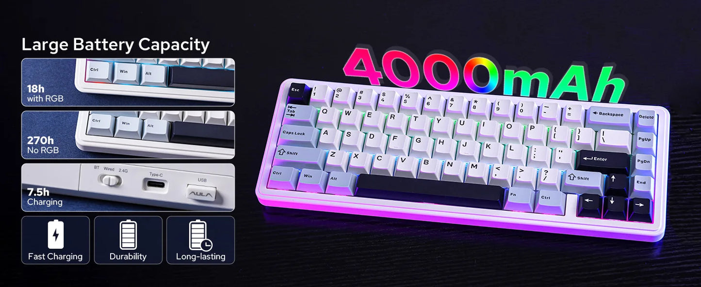 EPOMAKER x AULA F65 65% Layout Wired/Bluetooth 5.0/2.4G Wireless Hot-Swap Gasket-mounted Mechanical Gaming Keyboard for Mac/Win