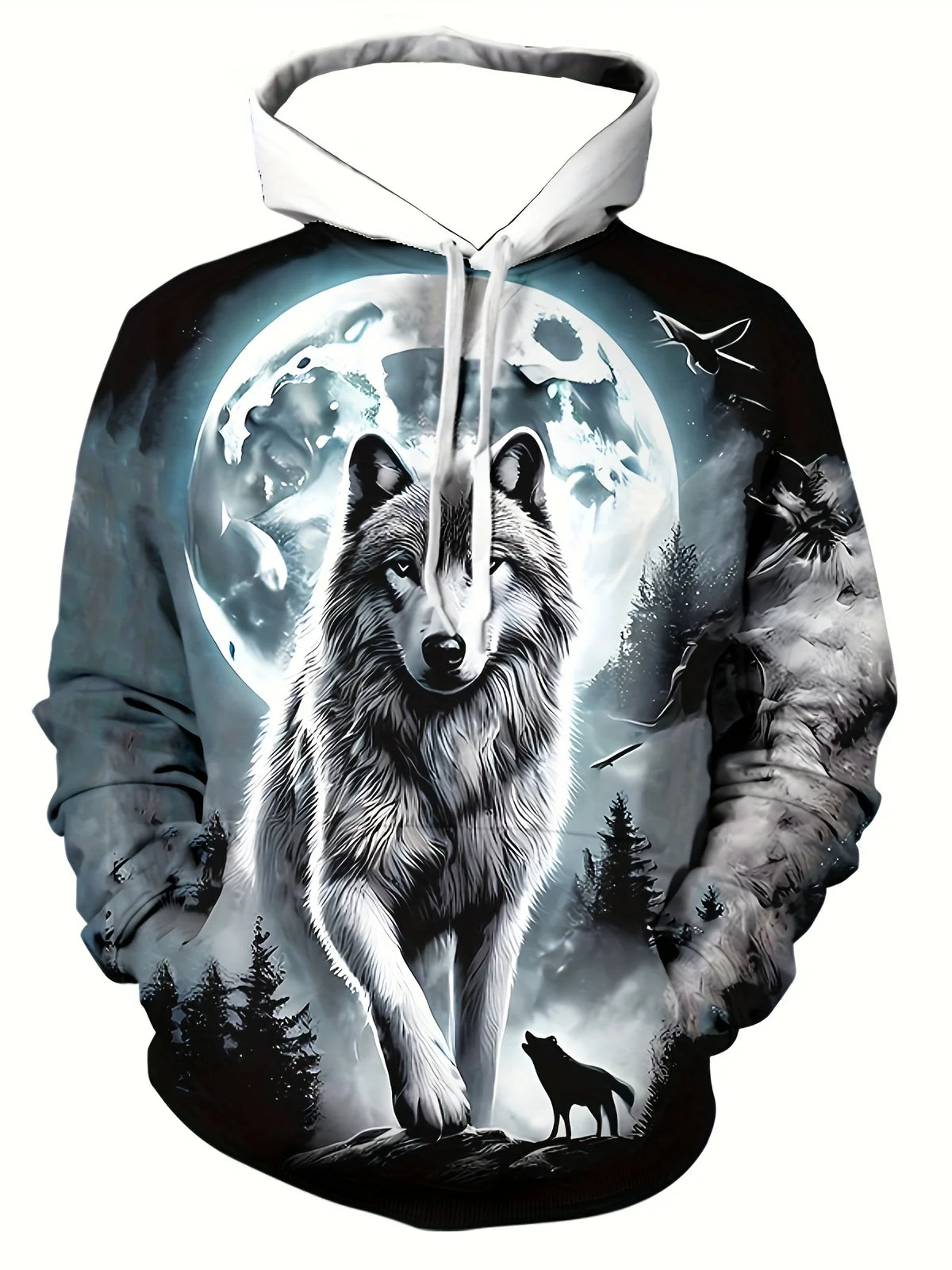 Men'S 3D White Wolf Print Hoodie, Casual Long Sleeve Pullover with Drawstring Pocket, 100% Polyester Slight Stretch Men Clothing