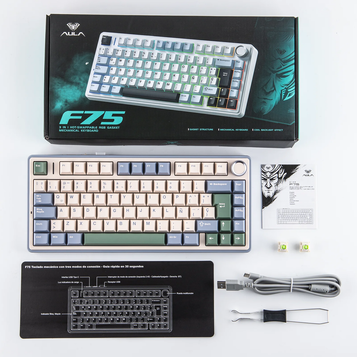 EPOMAKER AULA F75 ISO-ES 75% Spanish QWERTY Hot-Swap Gasket-Mounted Wired/Bluetooth/2.4GHz Wireless Mechanical Gaming Keyboard RGB Backlight