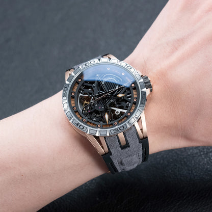 OBLVLO Men's Two Tone Big Skeleton Dial Mechanical Automatic Watch Luminous Waterproof Rubber Band Machinery Clock RD-903