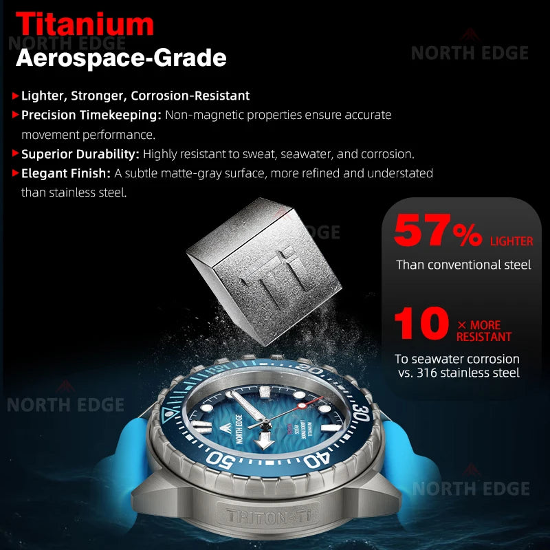 NORTH EDGE TRITON-TI Titanium Stainless Solar-Powered Diving Watch Luxury Quartz Watches For Men 300M Waterproof 180+ Day Power