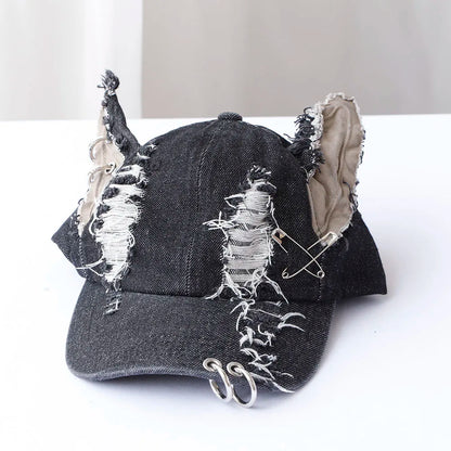 y2k Hot Girl Graffiti Jeans Rabbit Ears Cowboy Baseball Hat Wash Graffiti Hip Hop Cap Women Men Party Team Baseball Cap