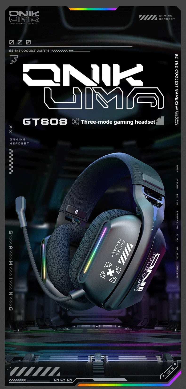 Auscultadores Gaming Sem Fios ONIKUMA GT808 2.4G/Bluetooth/Com Fio, 3 Modos, Over-Ear, com Microfone com Cancelamento de Ruído para PC PS4 PS5