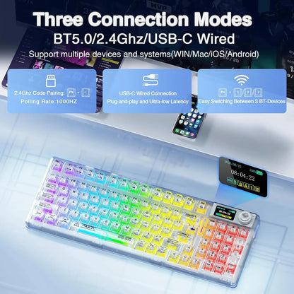 AULA F98Pro V3 Mechanical Keyboard W/ Rotate Button RGB Backlight Screen Tri-Modes Game E-sports Special Carved 95 Keycaps