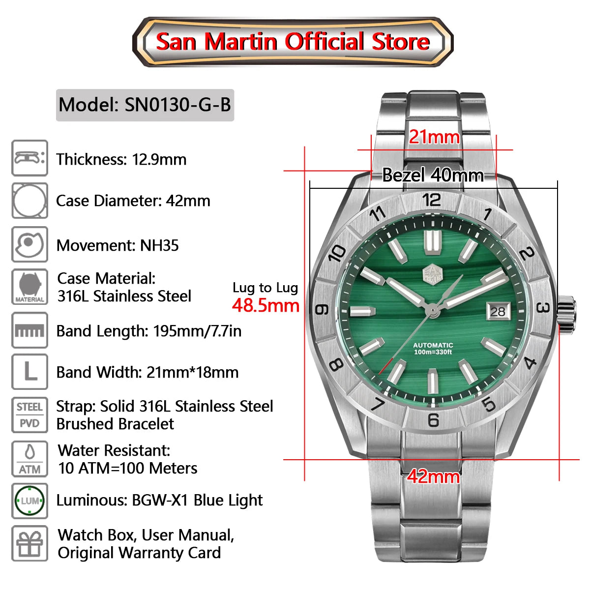 San Martin New 42mm Peacock Gemstone Dial NH35 Luxury Men Watch Automatic Mechanical Sapphire 100M Waterproof Luminous SN0130