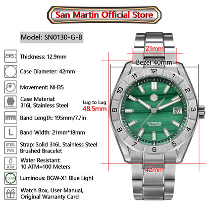 San Martin New 42mm Peacock Gemstone Dial NH35 Luxury Men Watch Automatic Mechanical Sapphire 100M Waterproof Luminous SN0130