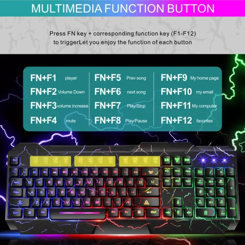 Conjunto de Teclado e Rato Gaming com Fios para Computador de Secretária, Sensação Mecânica e Retroiluminação LED
