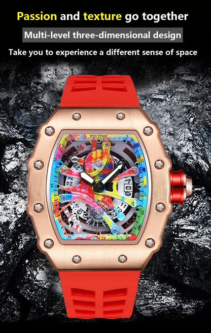 New Cool Men's Watches Luxury Fashion Silicone Tonneau Watch Skeleton Waterproof Quartz Wristwatches Clock Relogio Masculino