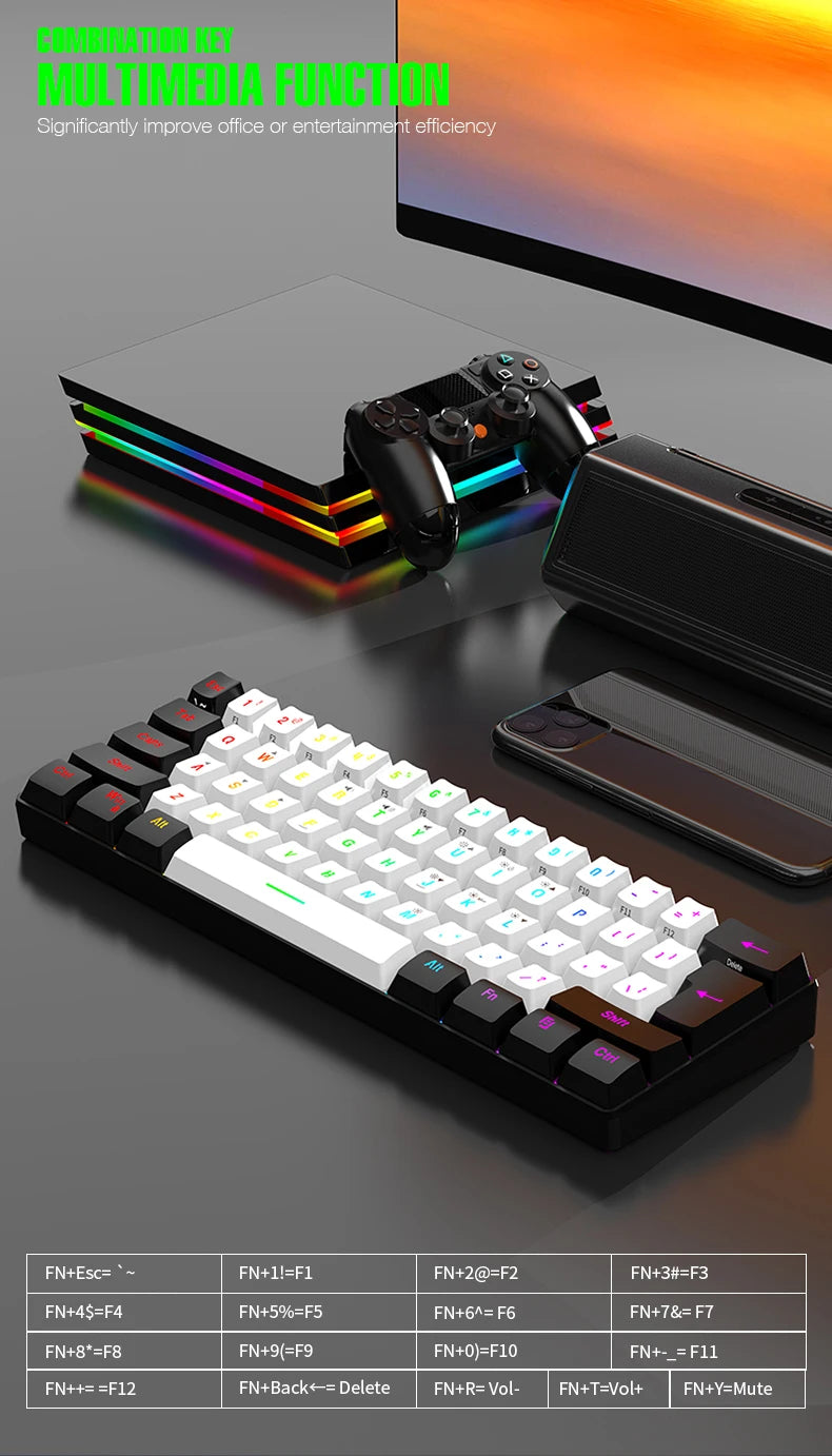 Teclado mecânico com fios de 61 teclas, branco, com switch preto e azul, à prova de água, iluminação RGB, kit para gaming e escritório, PUBG, retroiluminado