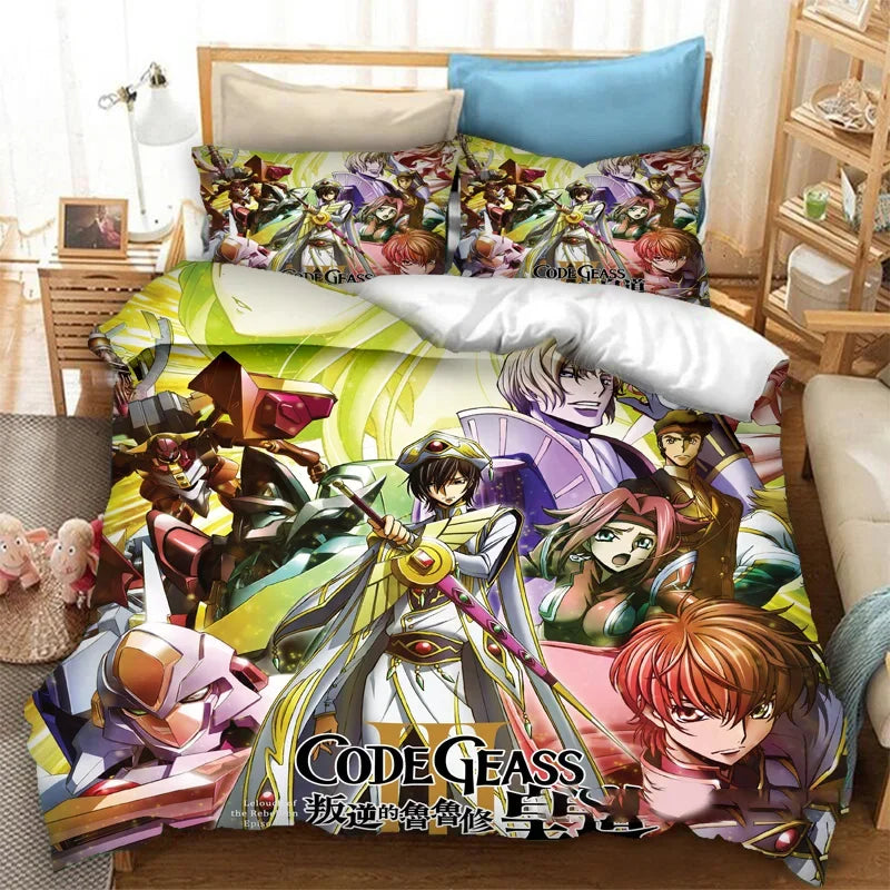 Módní 3D tištěné povlečení na přikrývku Anime Code Geass, 2/3dílná sada ložního prádla Double Twin Full Queen King pro dospělé i děti, povlak na přikrývku