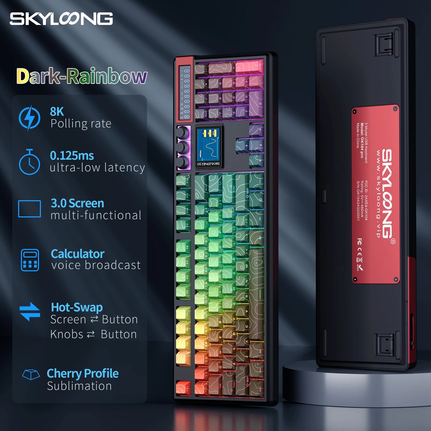SKYLOONG GK104 Pro Wireless Mechanical Keyboard, 104-Key Custom Hot-Swappable RGB Gaming Keyboard with LCD Screen, Triple Mode Bluetooth/2.4G/USB-C Mechanical Keyboard