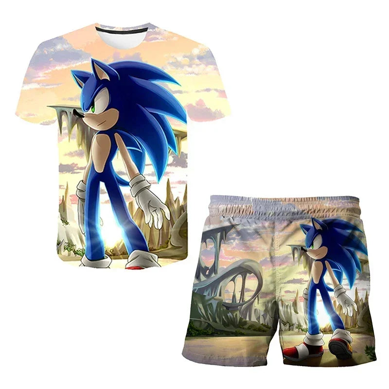 Fashion 3D Anime Children's T-shirt Set Sonic The Hedgehog Top Short Sleeve + Shorts Two-piece Set Girls Boys Cosplay Costume