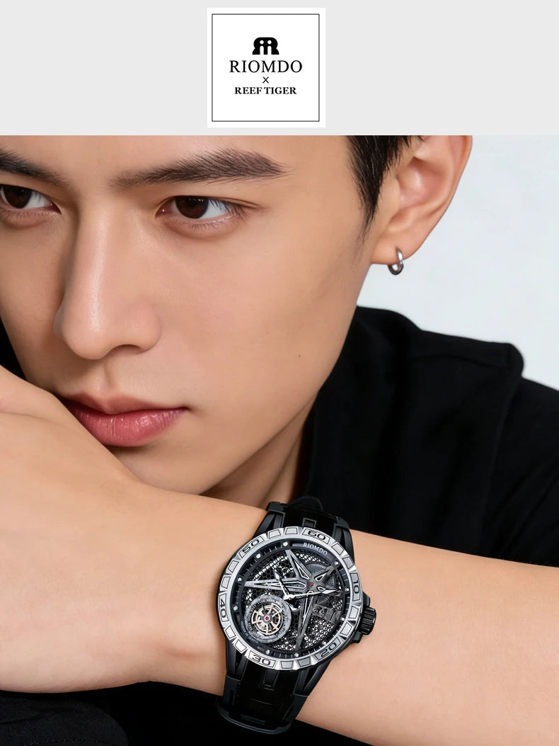 OBLVLO Men's Two Tone Big Skeleton Dial Mechanical Automatic Watch Luminous Waterproof Rubber Band Machinery Clock RD-903