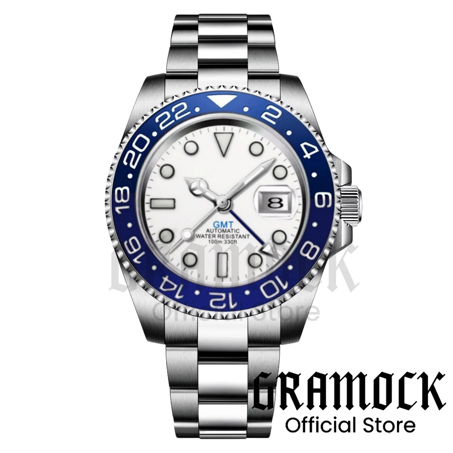 Gramock White Dial Blue GMT 40MM Watch For Men Roating Bezel Sapphire Glass Waterproof Reloj Hombre NH34A Mechanical Wristwatch