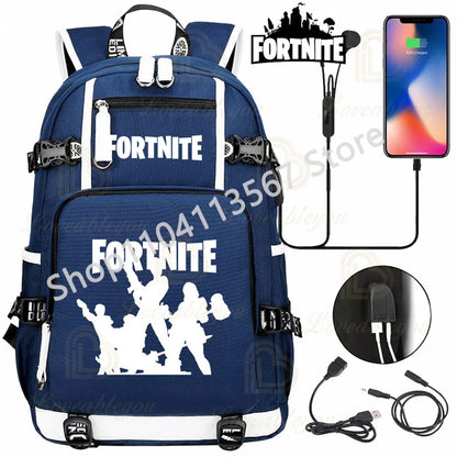 Yule Trooper F-Fortnited Battle Royale Backpack with USB Charging Anime Figures Study Stationery Compartment Students Mochila