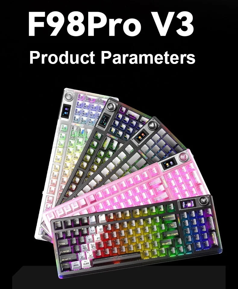 AULA F98Pro V3 Mechanical Keyboard W/ Rotate Button RGB Backlight Screen Tri-Modes Game E-sports Special Carved 95 Keycaps