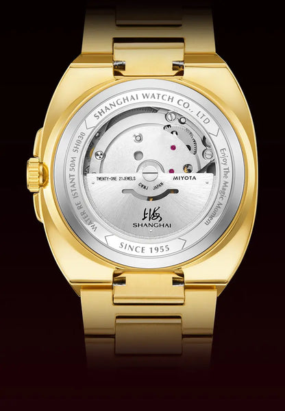 Shanghai Square Vintage Mechanical Watch 24K Gold Automatic Men's Watches 38mm Case 316L Stainless Steel Luxury Wristwatch SH030