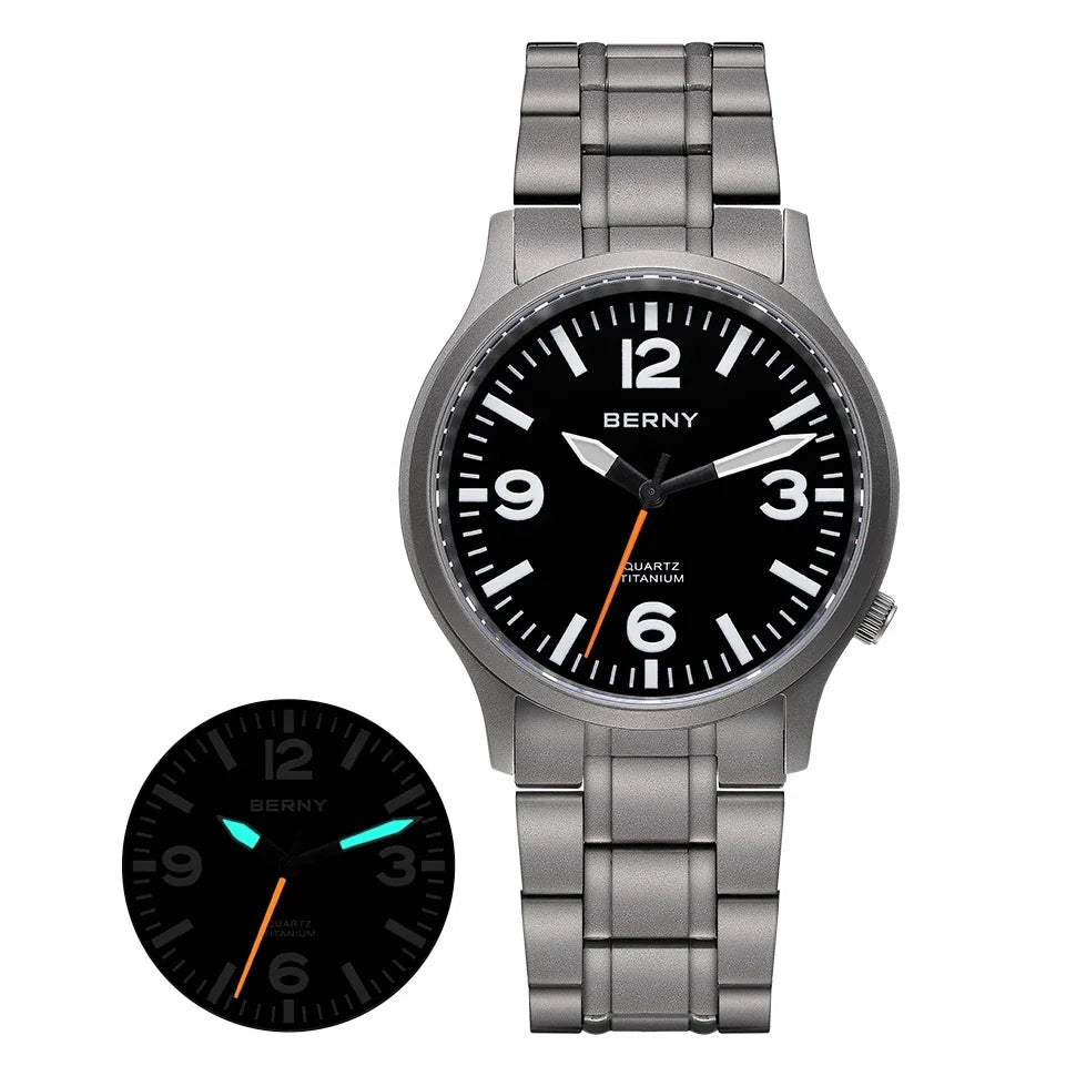 BERNY Full Titanium Men Watch Super Luminous Sports Quartz Watches Lightweight and Comfortable 5ATM Easy Read Wristwatch
