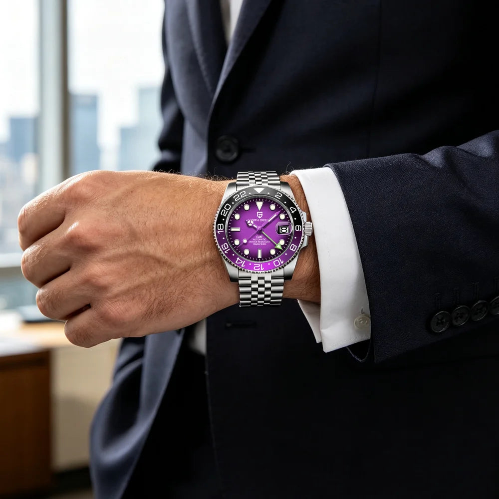 Mehanska moška ura Pagani Design GMT – Luksuzni model s safirnim steklom, ohišjem iz nerjavečega jekla in keramičnim okvirjem – Avtomatska moška ura, poslovni stil