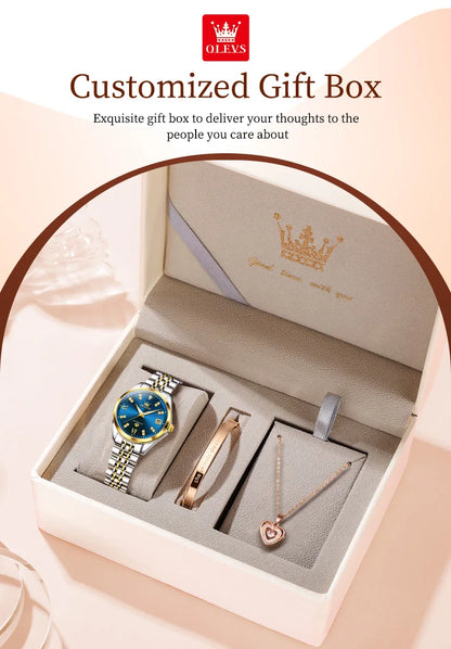 OLEVS 9801 Womens Watch Luxury Fashion Waterproof  Automatic Mechanical Watch Stainless Steel Diamond Date Ladies Watch Set