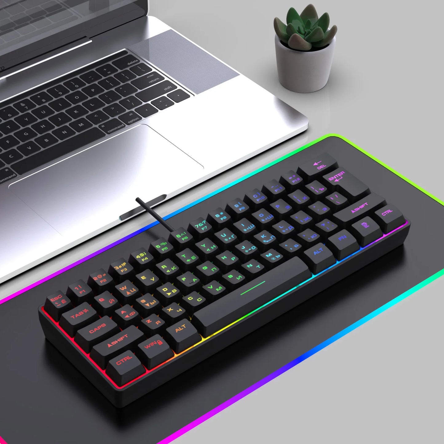 Teclado Gaming, Teclado Ultra-Compacto de 61 Teclas Russo/Inglês com Retroiluminação RGB, Teclado de Escritório Gaming Impermeável com Sensação Mecânica