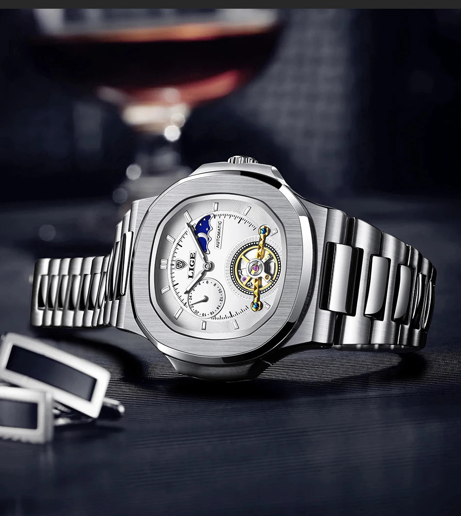 LIGE Watch For Man Luxury Business Waterproof Luminous Mechanical Watches Fashion Moon Phase Automatic Movement Men's Watches