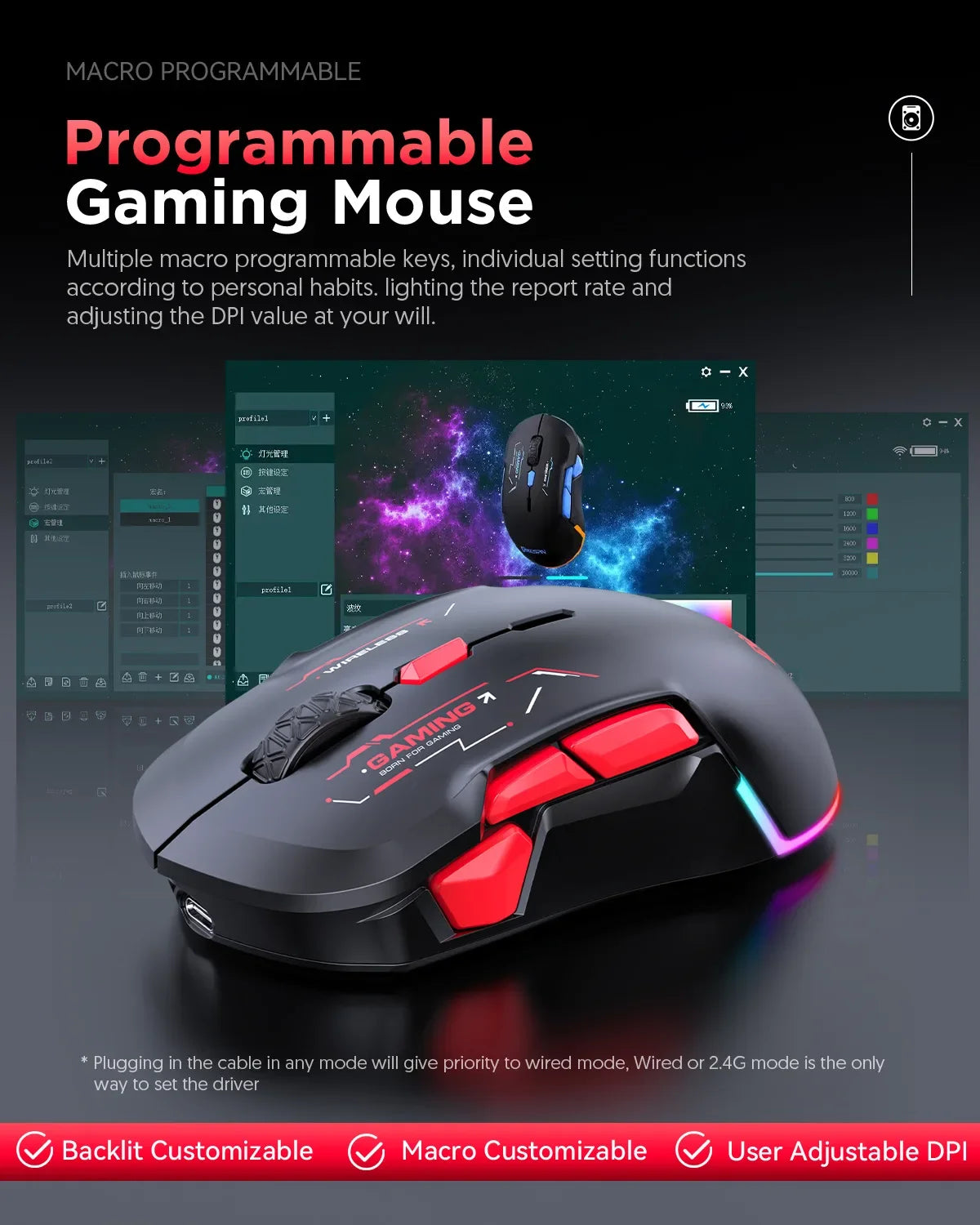 Mouse gaming macro MKESPN W12 a 10 pulsanti, ambidestro, wireless Bluetooth multi-canale tri-mode, grande RGB ergonomico
