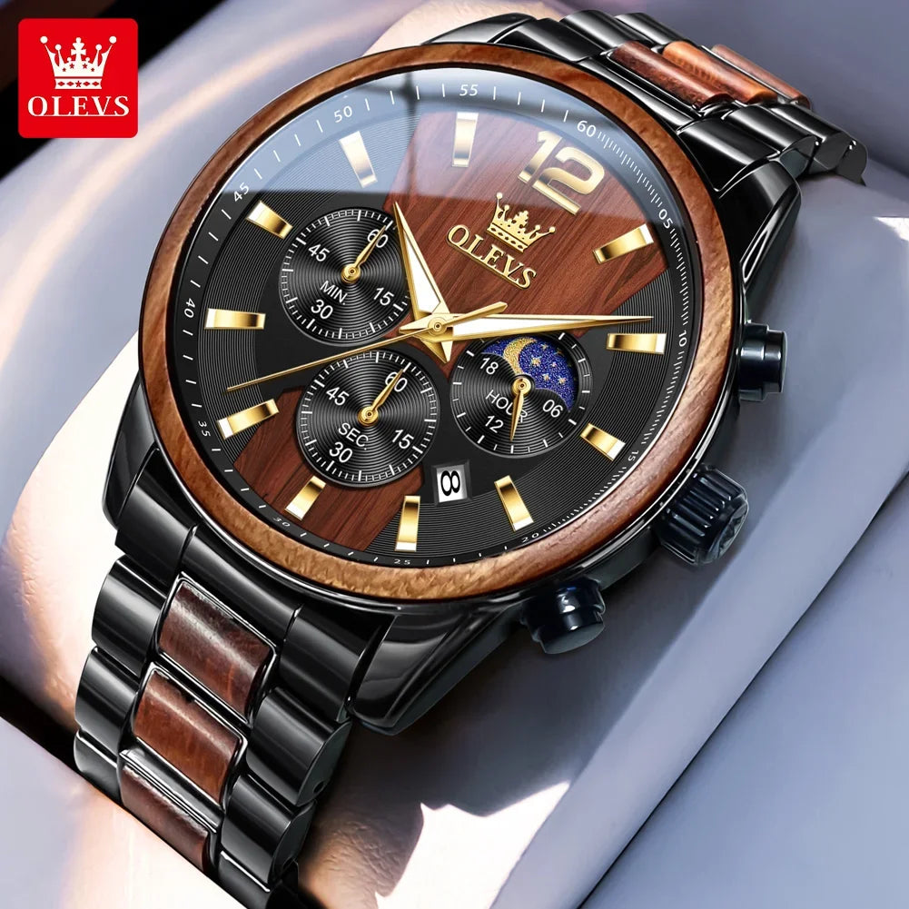 Pánské dřevěné hodinky OLEVS 3645, luxusní, s nočním osvětlením, multifunkčním chronografem, quartzové, v retro stylu, módní sportovní hodinky.