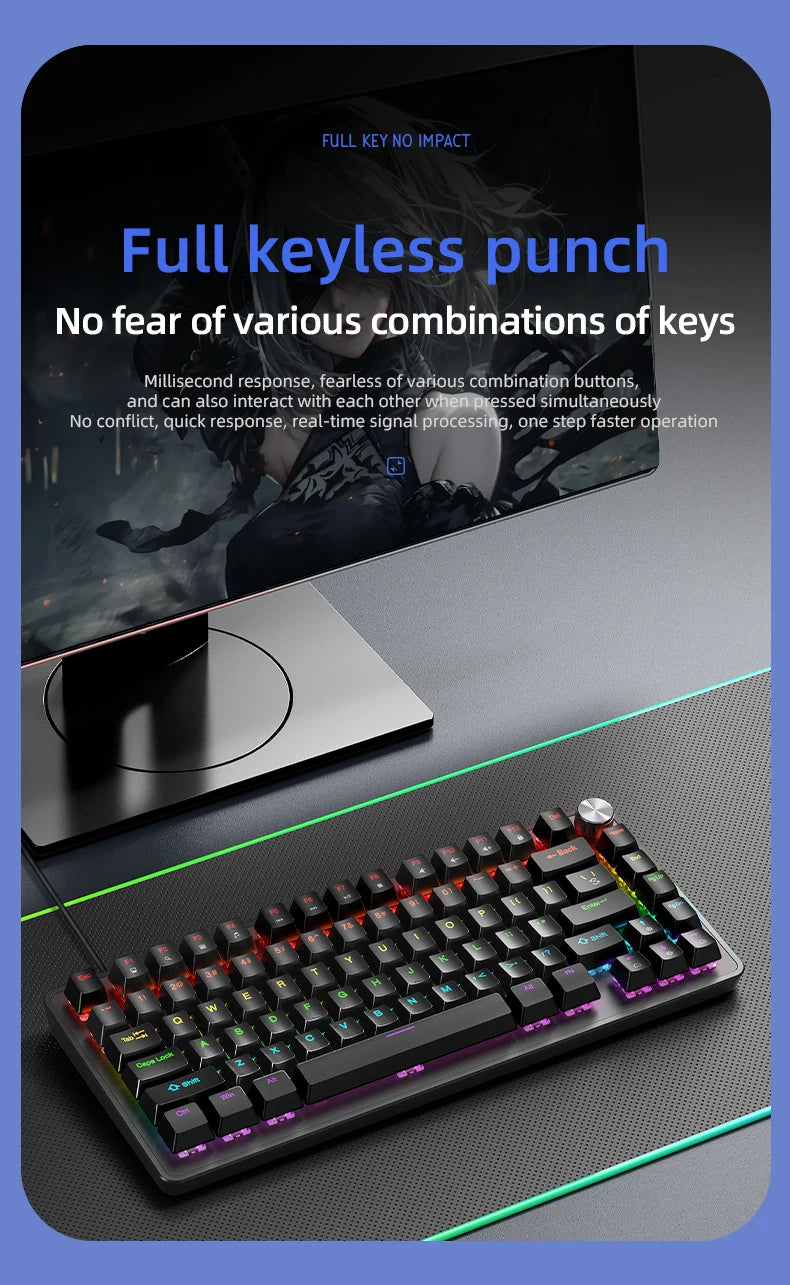 K82 75% Wired Mechanical Keyboard RGB Backlight, 82 KEY, Full Key Hot Swappable Blue Switch, Multifunctional Knob, Windows & Mac