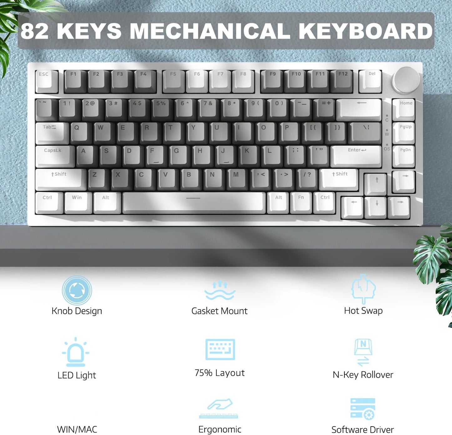 AJAZZ AK820 Mechanical Keyboard Hot-Swappable 82-Key Wired Keyboard with Rotary Volume Knob for Office, Gaming & Home