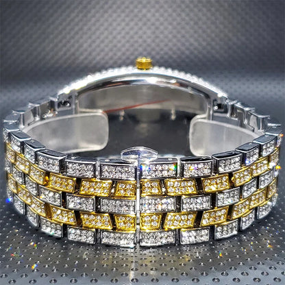 Stainless Steel Men's Watches Luxury Diamond Silver Iced Out Quartz Watch Top Brand 30M Waterproof Big Dial Tonneau Reloj Hombre