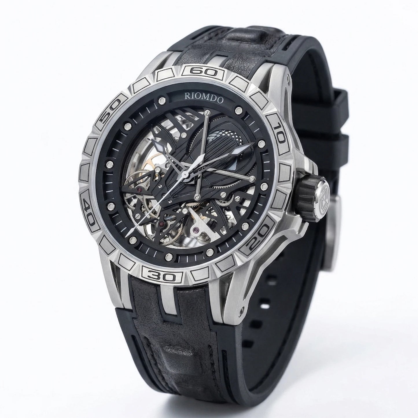 OBLVLO Men's Two Tone Big Skeleton Dial Mechanical Automatic Watch Luminous Waterproof Rubber Band Machinery Clock RD-903