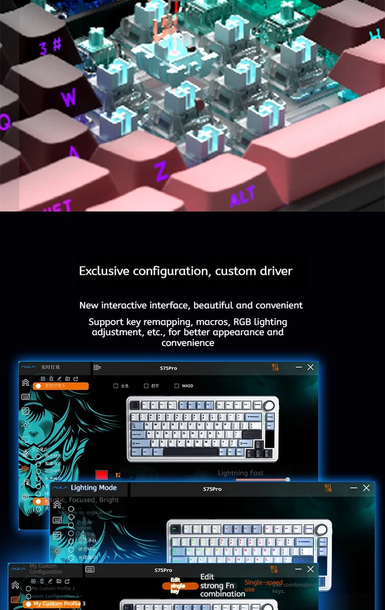 Teclado Mecânico AULA S75 PRO 75% Layout Personalizado Retroiluminação RGB Sem Fios Bluetooth Gaming com Ecrã e Botão Rotativo