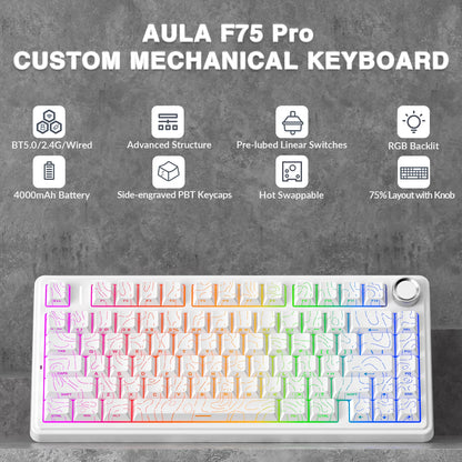 Teclado Mecânico Gaming Sem Fios AULA F75 Pro com Montagem Gasket, RGB Personalizado, Layout 75% e Teclas PBT com Gravação Lateral