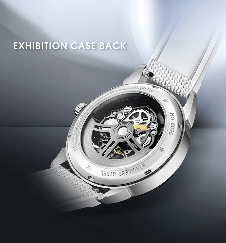 MARK FAIRWHALE Men's Automatic Watch Skeleton Dial Fluororubber Strap Waterproof Luxury Fashion Wristwatch