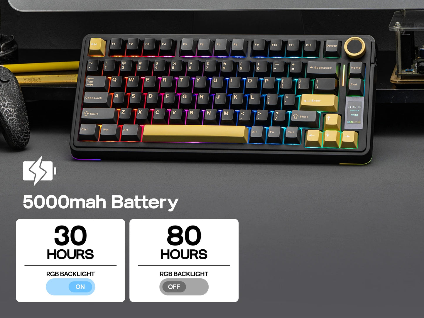 Teclado Mecânico Sem Fios EPOMAKER X AULA EA75 MAX 75% Layout ANSI US Hot-Swap Gasket com Fios/BT/2.4GHz com Ecrã e Botão Rotativo