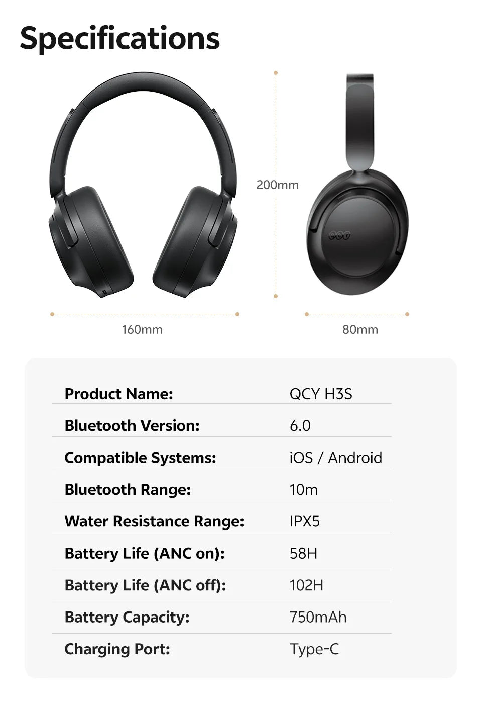 QCY H3S -56dB Adaptive ANC Over Ear Bluetooth 6.0 Headphones – Hi-Res LDAC Wireless Headset, 102H Battery, Dual Driver Spatial Sound