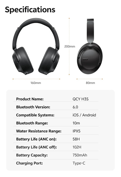 QCY H3S -56dB Adaptive ANC Over Ear Bluetooth 6.0 Headphones – Hi-Res LDAC Wireless Headset, 102H Battery, Dual Driver Spatial Sound