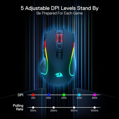 Mouse gaming Redragon M612 PRO BT & 2.4RGB, 8000 DPI, ottico cablato/wireless, 11 pulsanti programmabili e 6 modalità retroilluminate