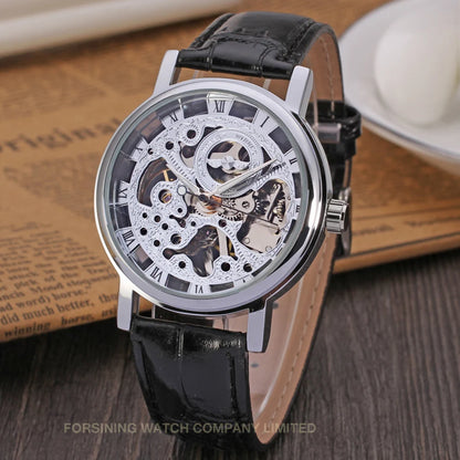 T-Winner Popular Lovers Skeleton Design Gold Watches Mechanical Hand Wind Movement PU Leather Strap Wristwatch for Men Women