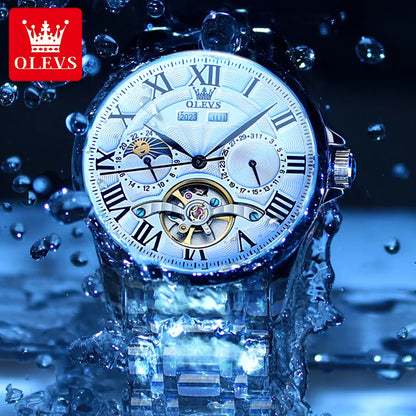 OLEVS 7013 Men's Watch Fashion Moon Phase Mechanical Watch For Men Waterproof Roman Scale Hollow Flywheel Automatic Hand Clock